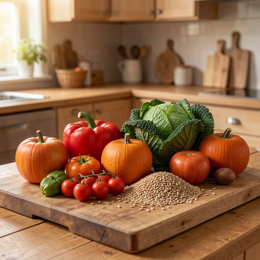 An arrangement of fresh autumn vegetables and whole grains on a wooden chopping board under warm kitchen lighting